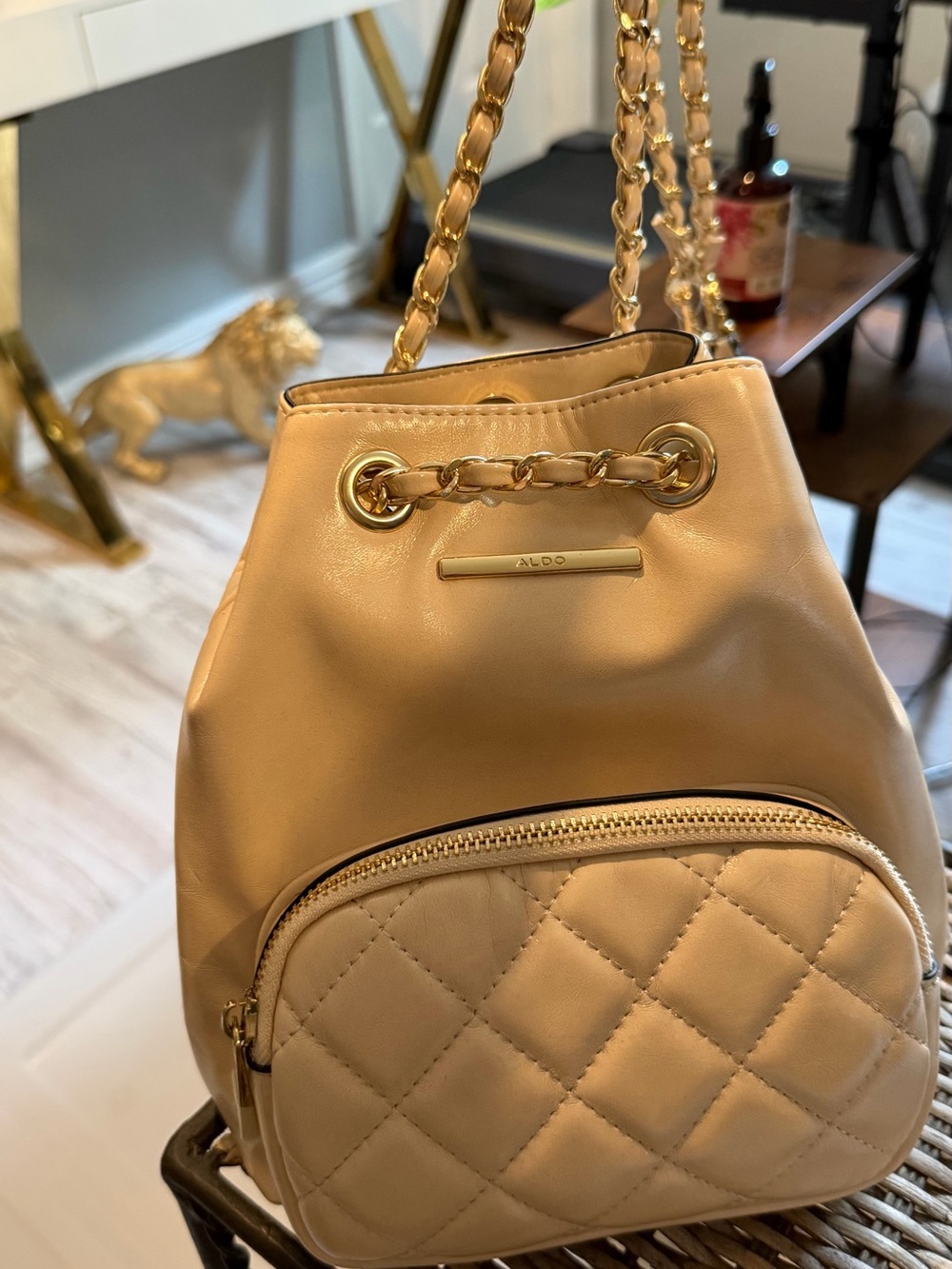 ALDO Beige Quilted Drawstring Backpack with Chain Straps